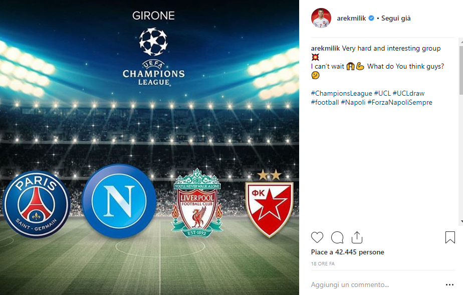 Reazioni sorteggio Champions League 2018/19 Milik